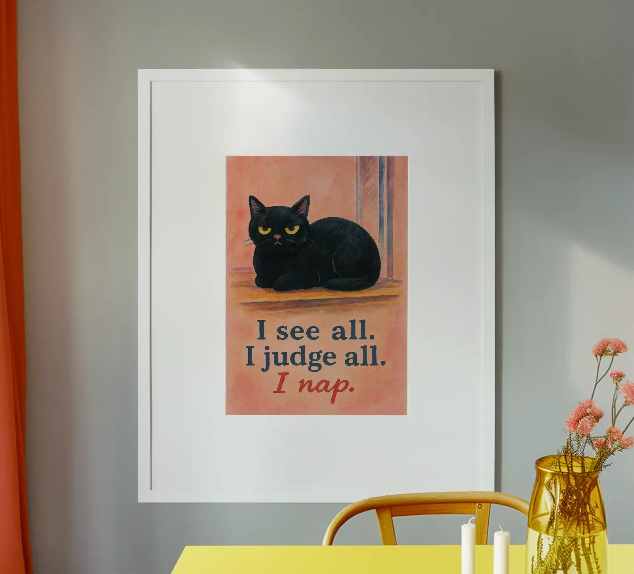 Vedo tutto, giudico tutto, sonnecchio disegnando gatti poster con telaio in alluminio da Botania