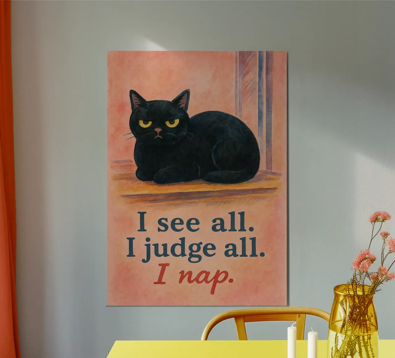 Vedo tutto, giudico tutto, sonnecchio disegnando gatti poster con telaio in alluminio da Botania