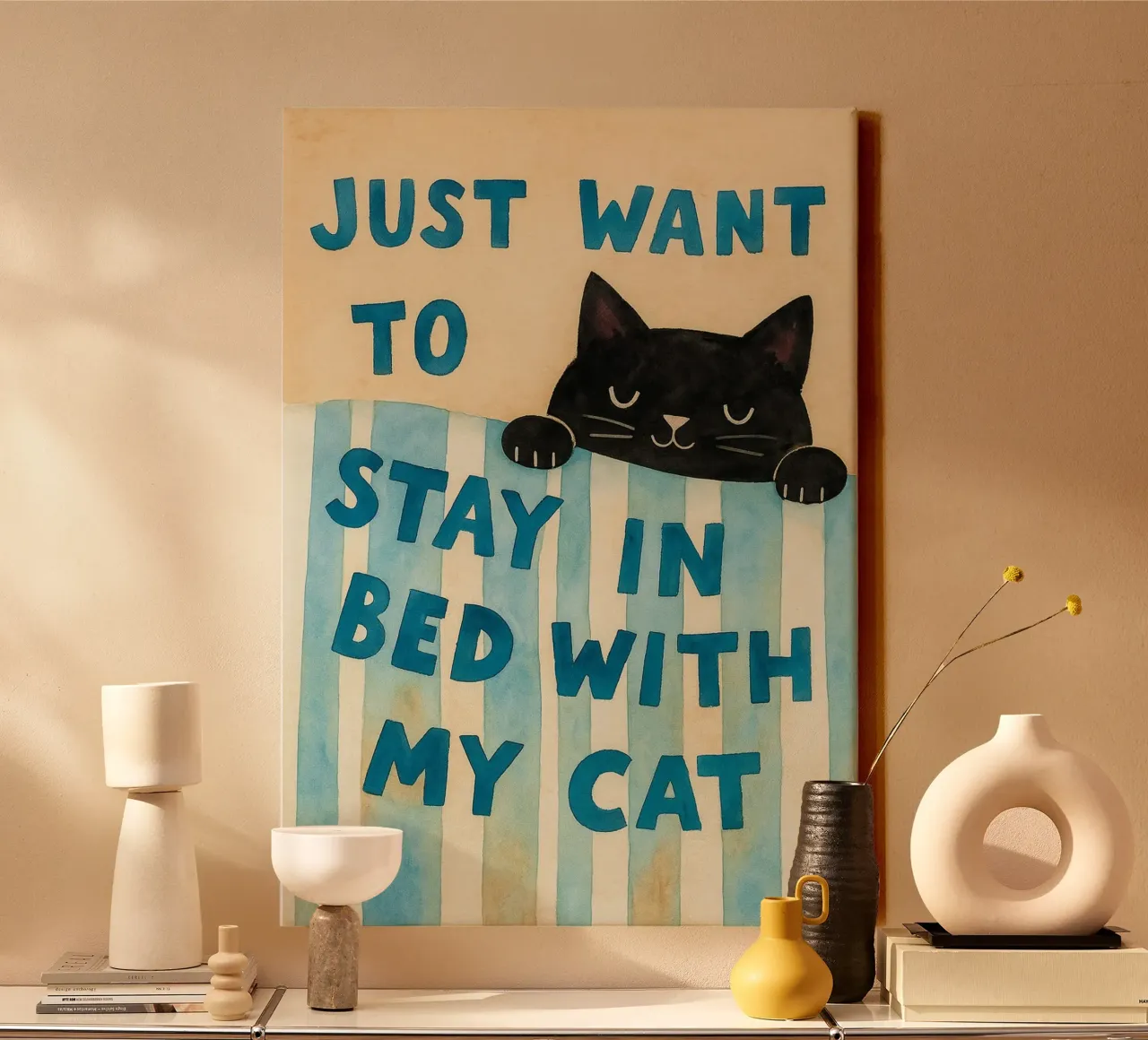 just want to stay in bed with my cat drawing canvas with Floater frame by Botania