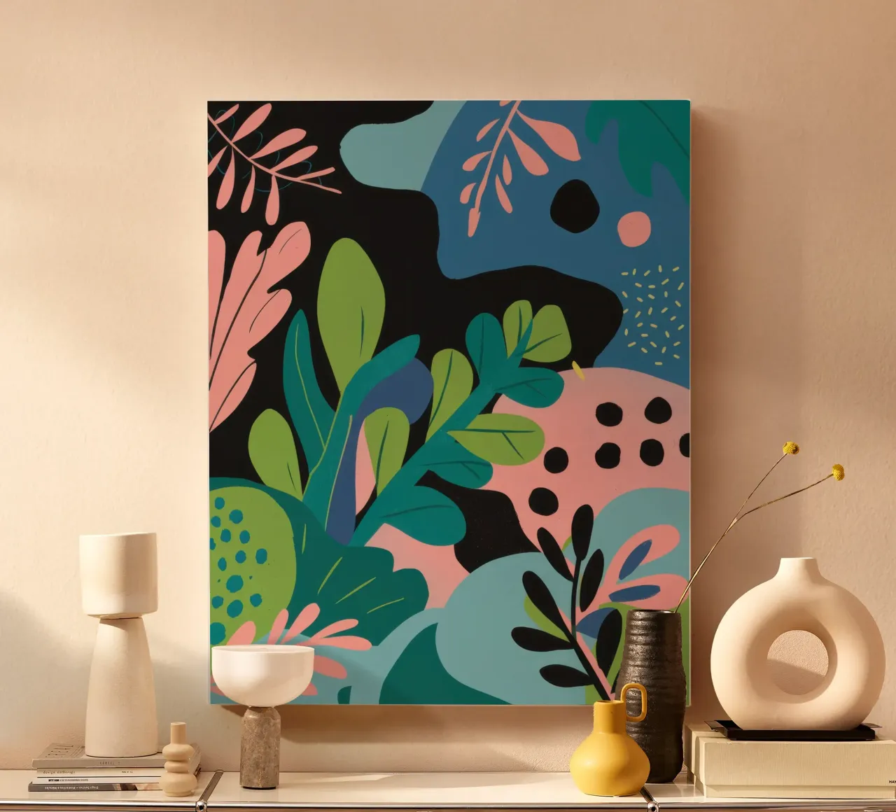 Speels botanisch abstract canvas met Baklijst van Line Fable