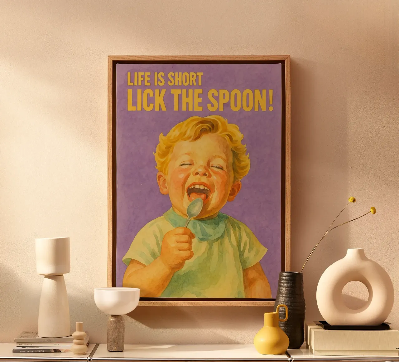 life is short lick the spoon cat drawing canvas with Floater frame by Botania
