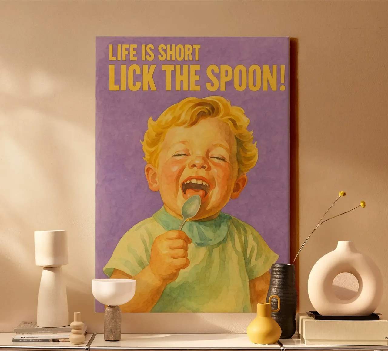 life is short lick the spoon cat drawing canvas with Floater frame by Botania