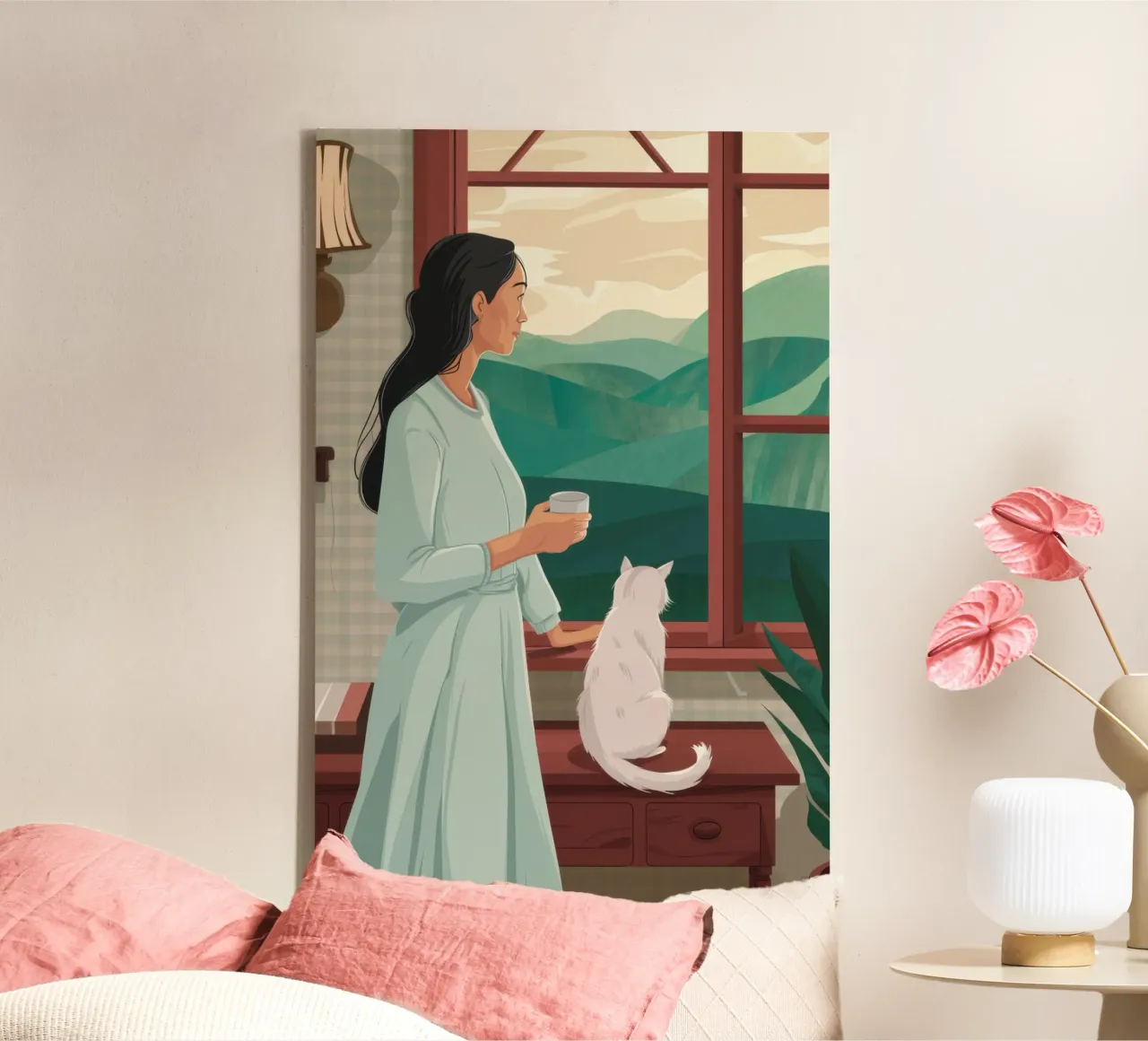 Vrouw bij het raam canvas met Baklijst van Thistle Bloom