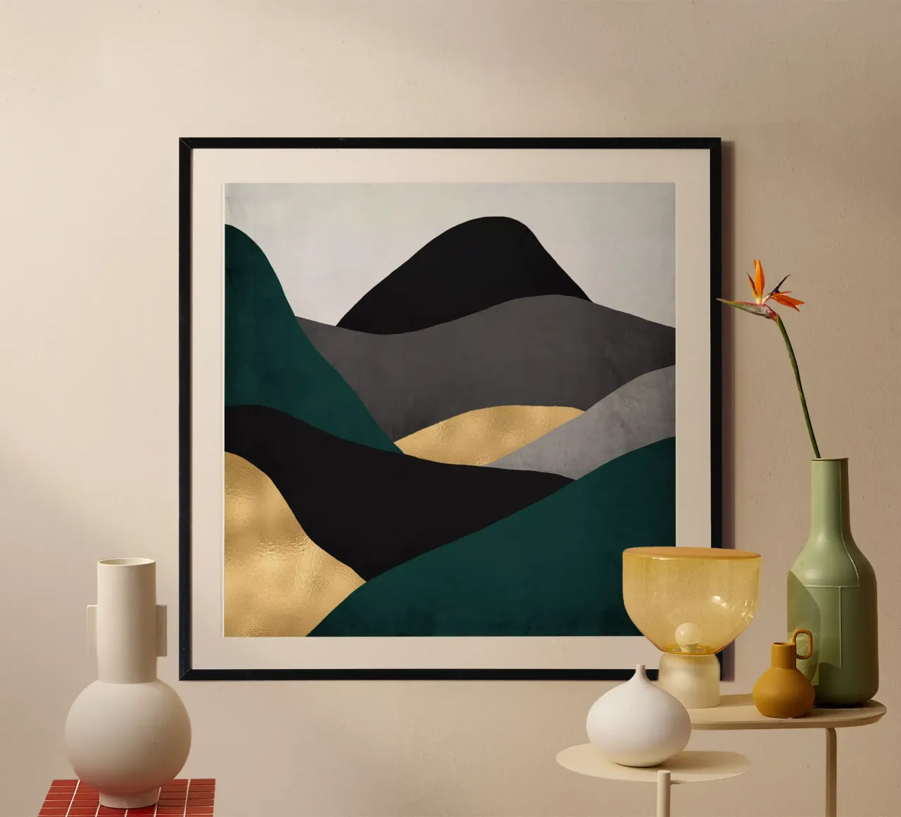 Vert Or poster avec cadre en aluminium de Mia Nissen