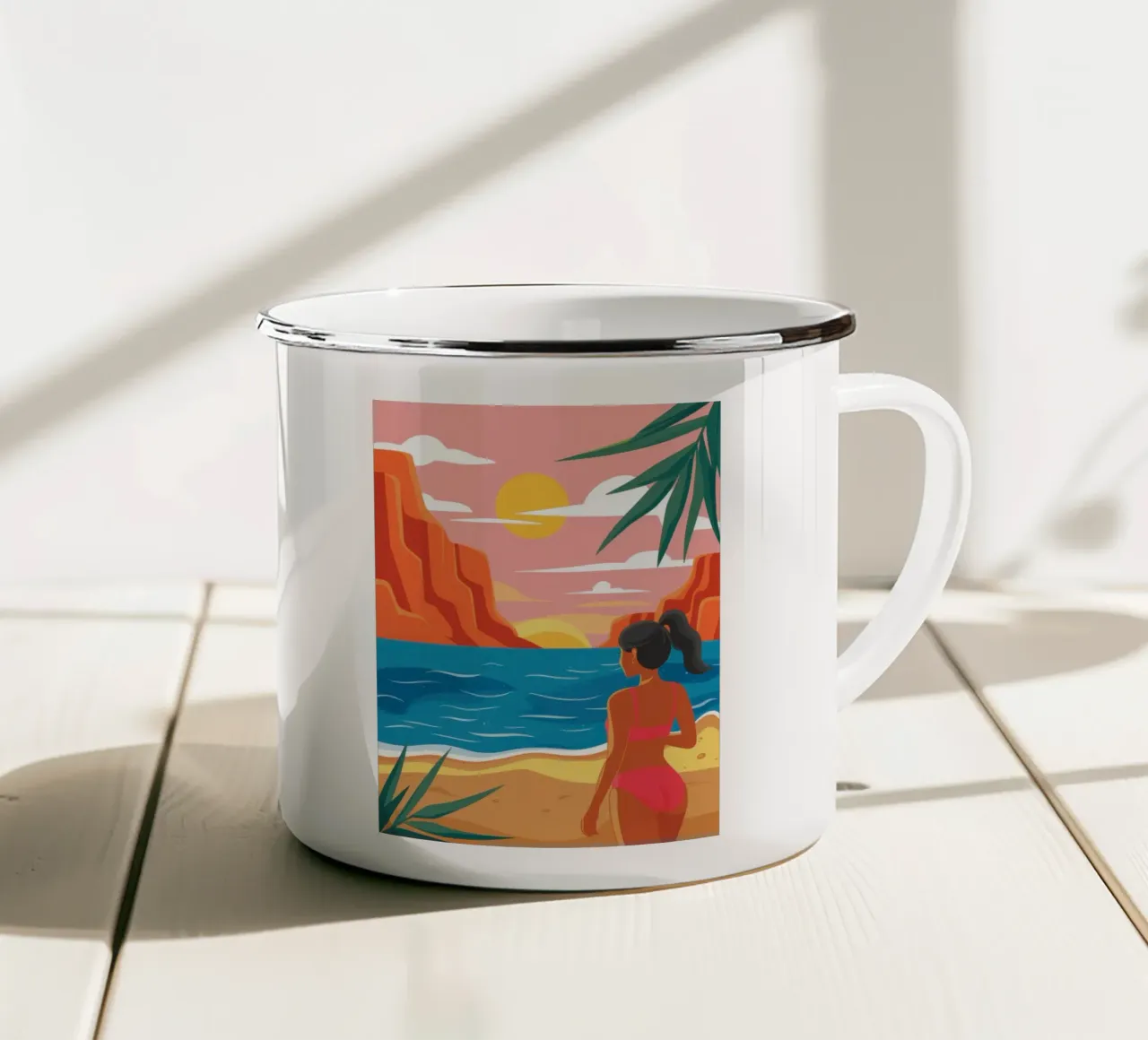 Contemplazione sulla spiaggia al tramonto tazza in smalto da Thistle Bloom