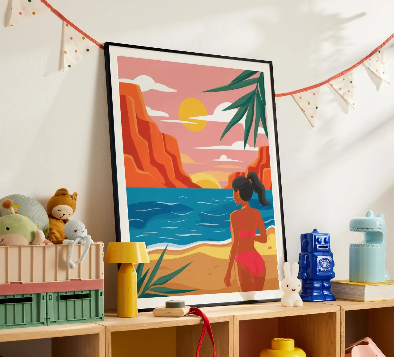 Contemplazione sulla spiaggia al tramonto poster con telaio in plastica da Thistle Bloom