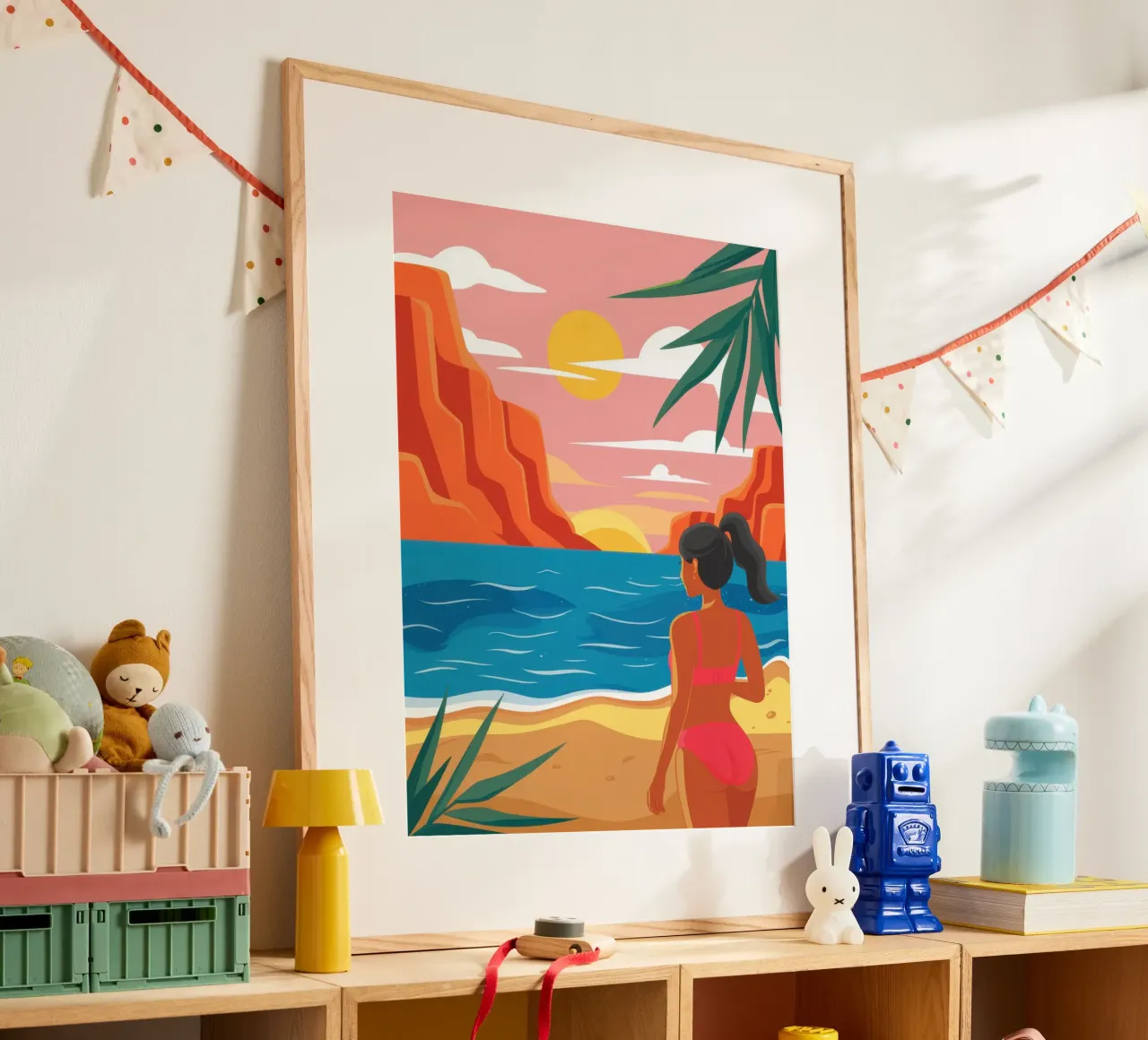 Contemplazione sulla spiaggia al tramonto poster con telaio in plastica da Thistle Bloom