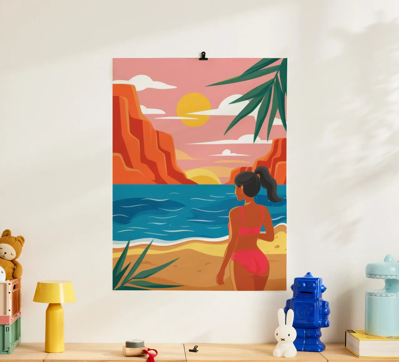 Contemplazione sulla spiaggia al tramonto poster con telaio in plastica da Thistle Bloom