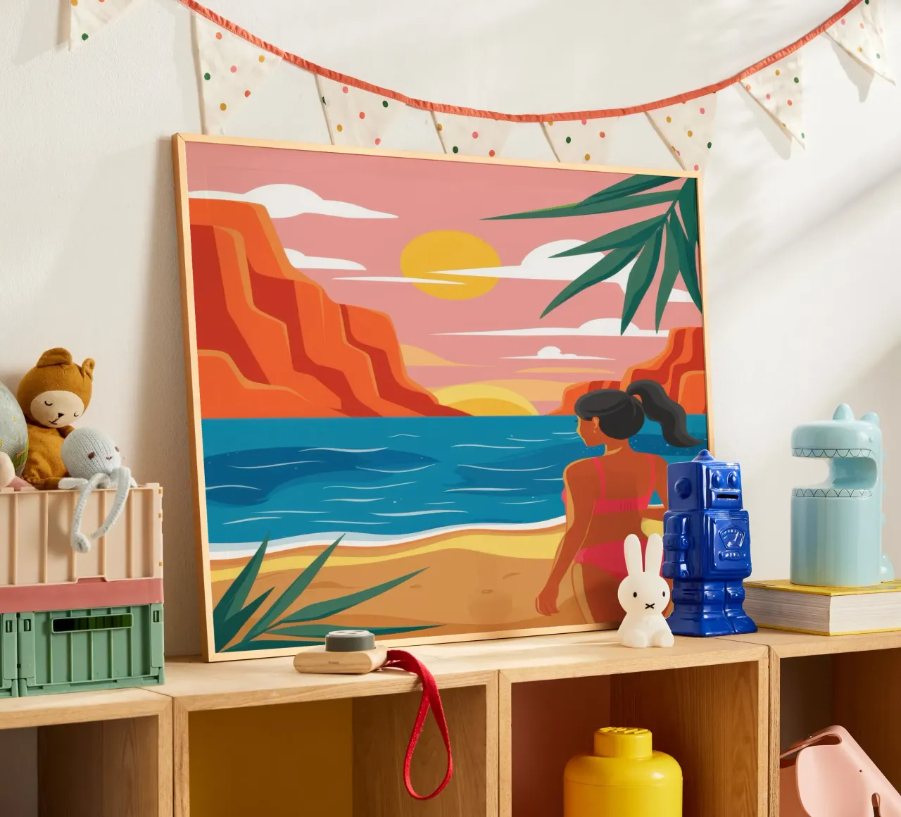 Contemplazione sulla spiaggia al tramonto poster con telaio in plastica da Thistle Bloom