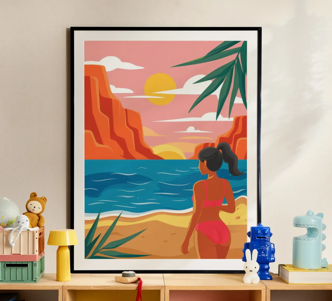 Contemplazione sulla spiaggia al tramonto poster con telaio in plastica da Thistle Bloom