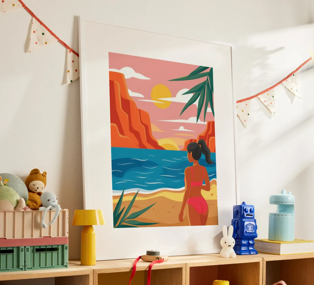 Contemplazione sulla spiaggia al tramonto poster con telaio in plastica da Thistle Bloom