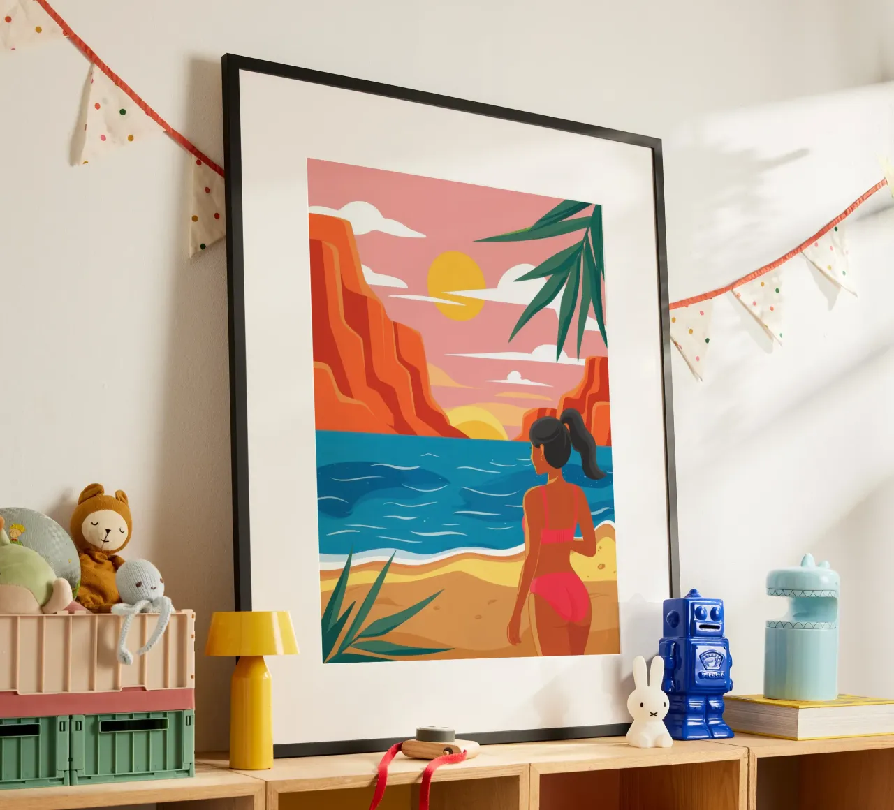 Contemplazione sulla spiaggia al tramonto poster con telaio in plastica da Thistle Bloom