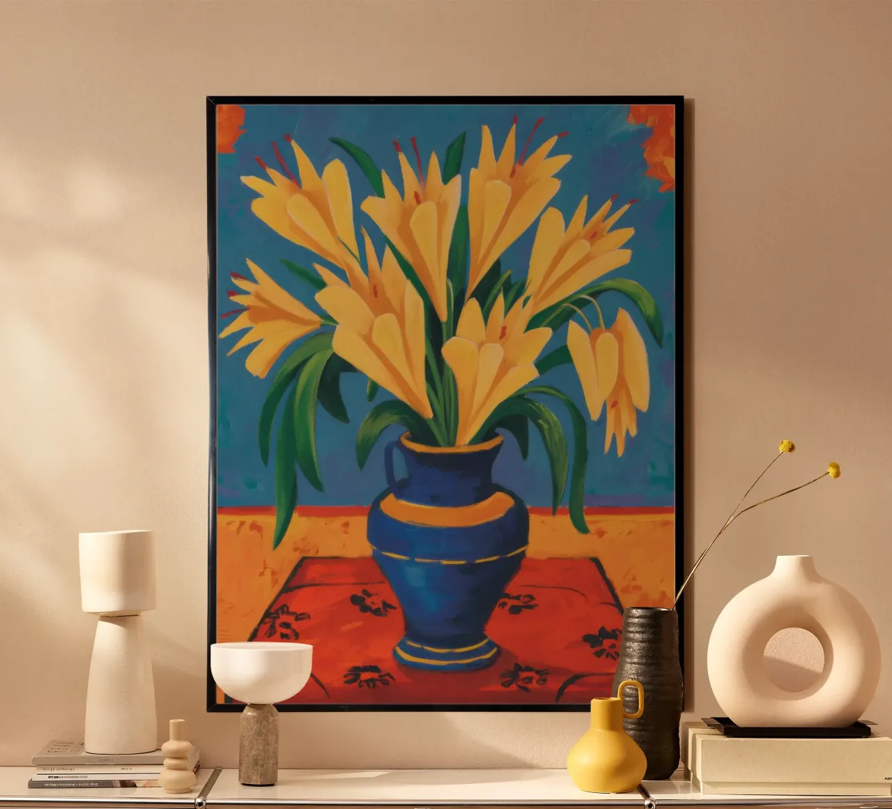 Natura morta di tulipani poster con telaio in legno da Line Fable