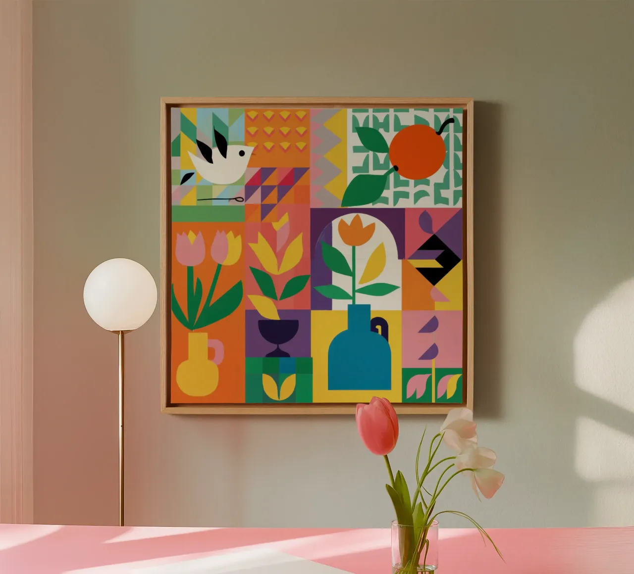 Tulp raster volkskunst canvas met Baklijst van Obs Canvas