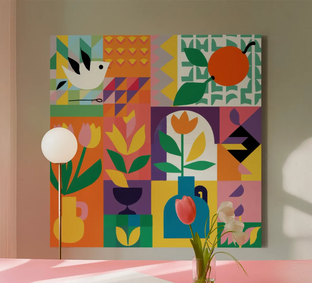 Tulp raster volkskunst canvas met Baklijst van Obs Canvas
