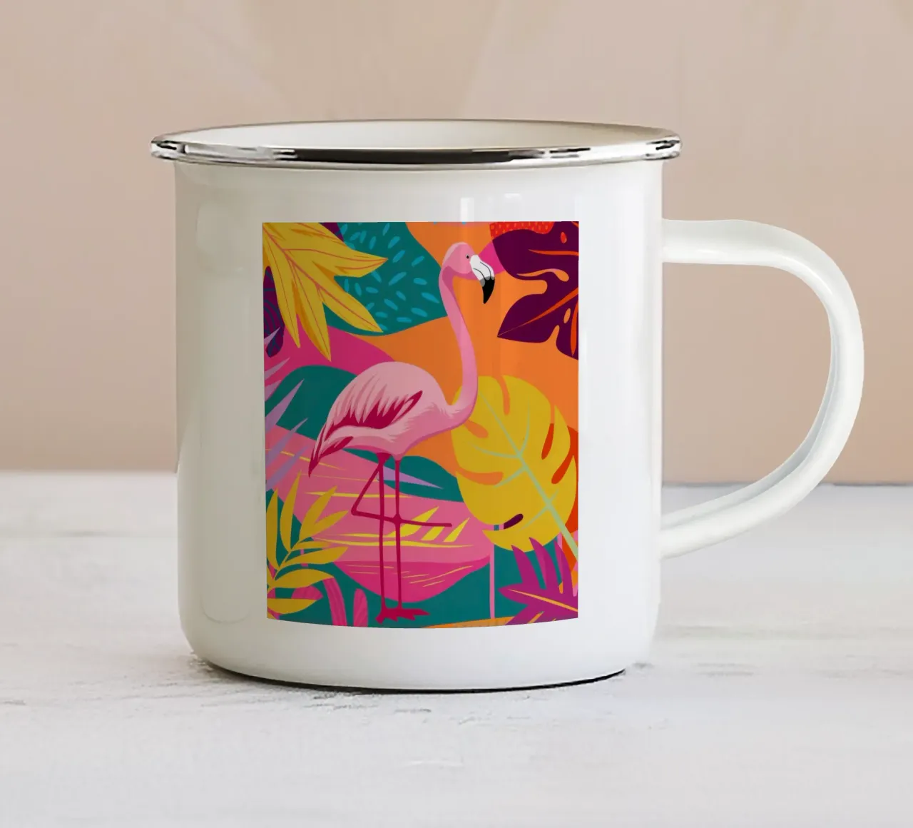 Zonovergoten flamingo jungle emaille mok van Line Fable