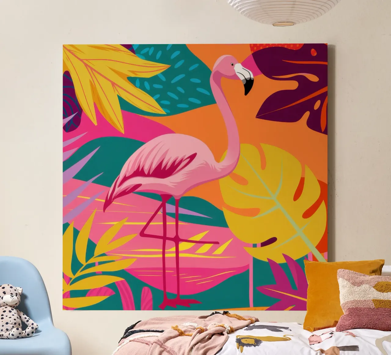 Zonovergoten flamingo jungle canvas met Baklijst van Line Fable
