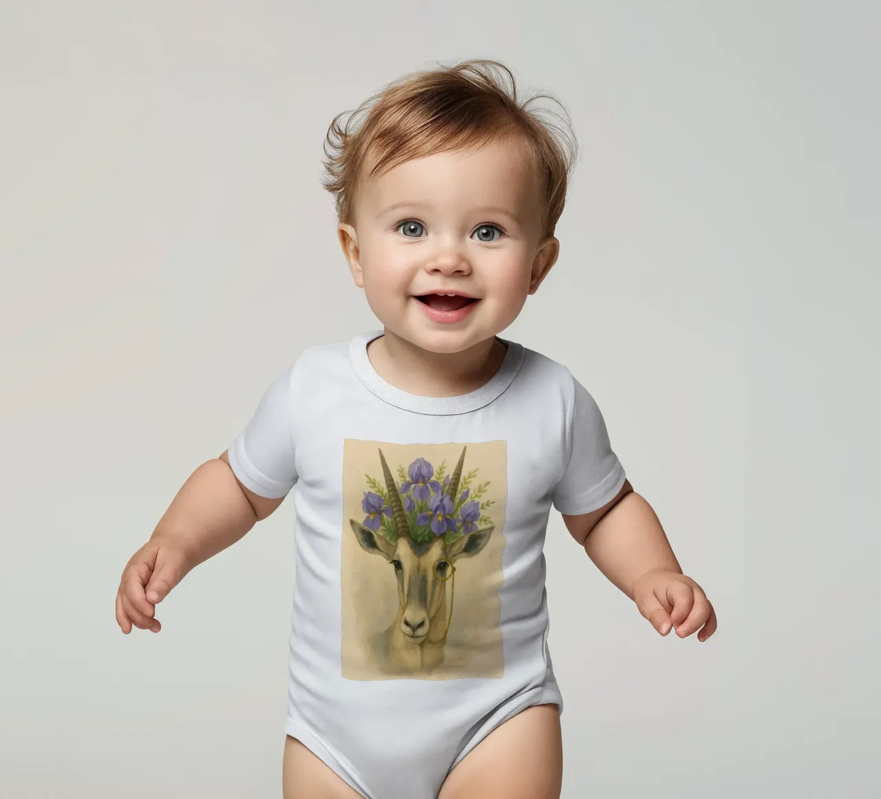 The Noble Plains walker: Iris-Crowned Elegance short-sleeve baby romper by Graceful Desine