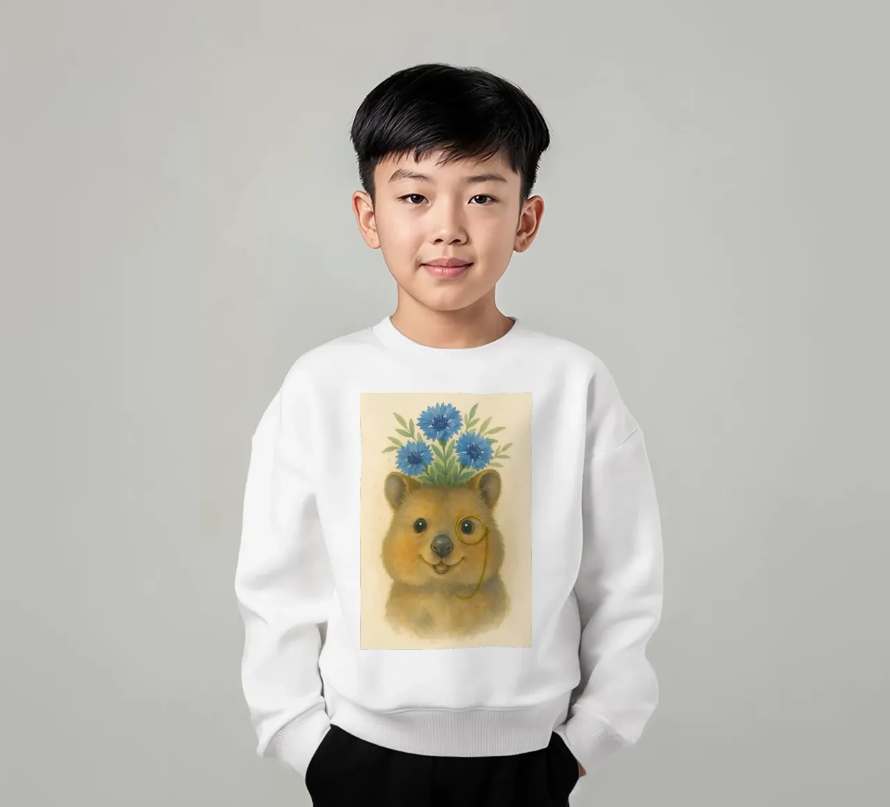 Lo studioso allegro: Quokka con fiordalisi felpa bambino da Graceful Desine