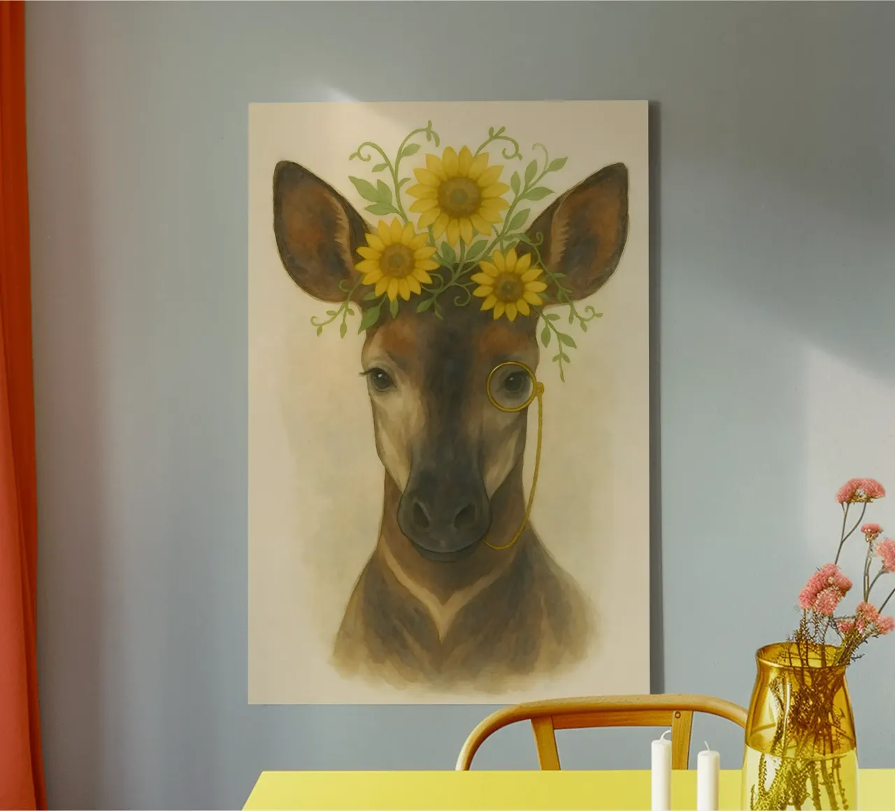 Golden Grace: Deer with Sunflower Crown canvas by Graceful Desine