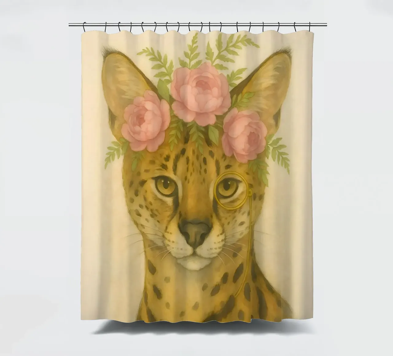 Regal Wild: Serval in Bloom shower curtain by Graceful Desine