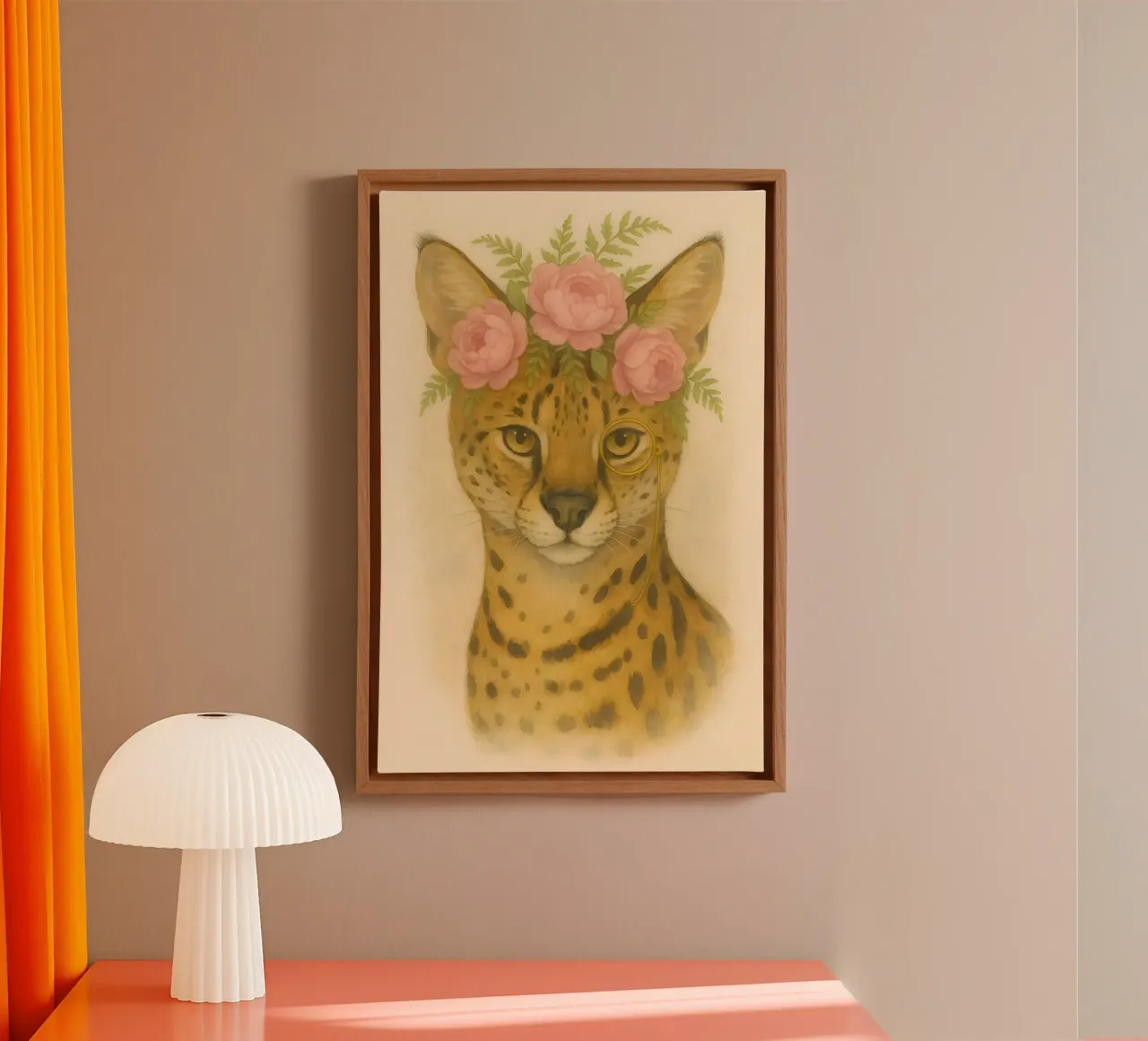 Regal Wild: Serval in Bloom canvas with Floater frame by Graceful Desine