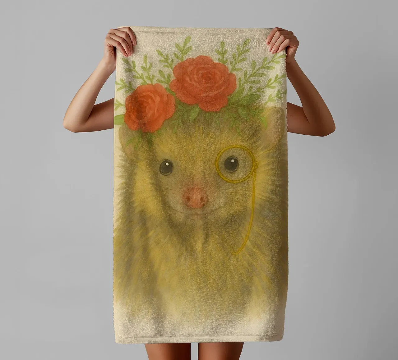Charming Prickles: Hedgehog with Roses towel by Graceful Desine