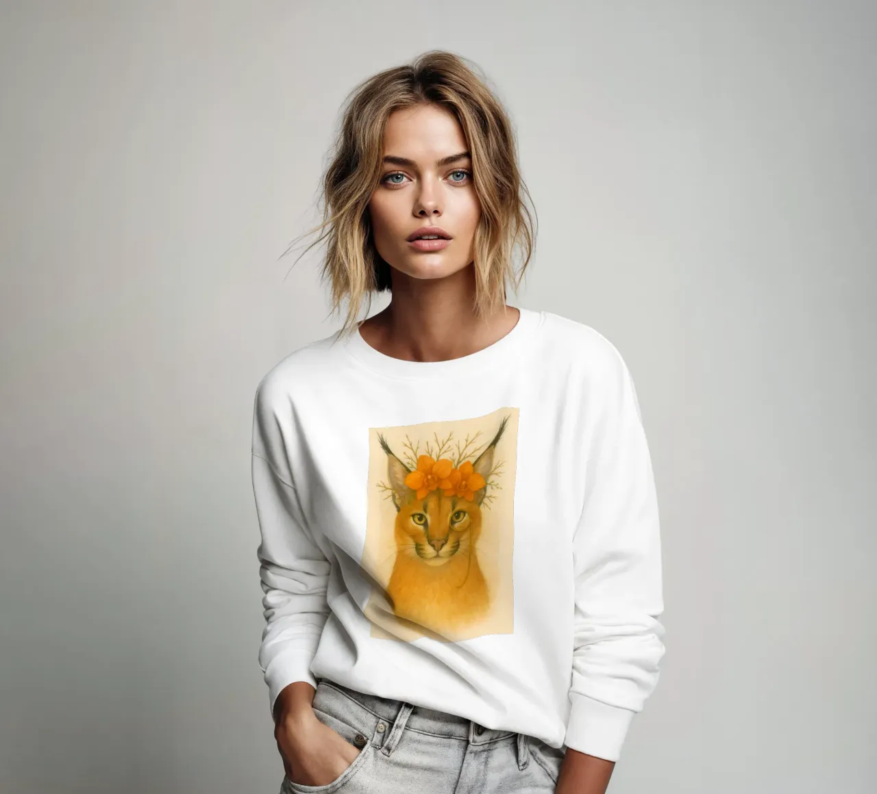 Sguardo d'oro: Caracal con orchidee felpa da Graceful Desine