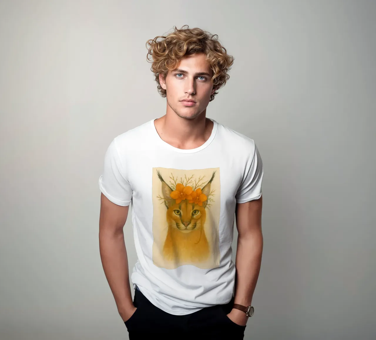 Sguardo d'oro: Caracal con orchidee t-shirt da Graceful Desine