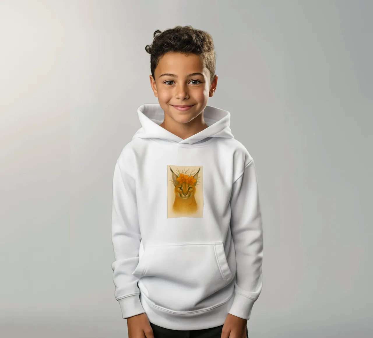 Sguardo d'oro: Caracal con orchidee felpa bambino con cappuccio da Graceful Desine