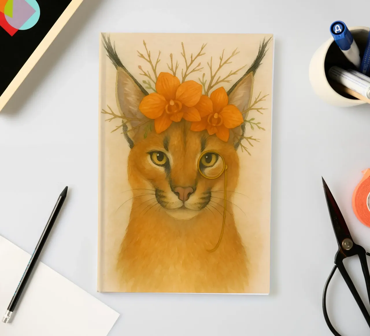 Golden Gaze: Caracal with Orchids notebook by Graceful Desine