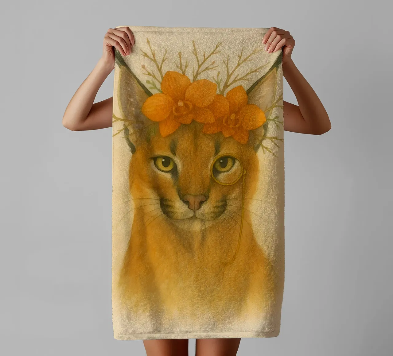 Golden Gaze: Caracal with Orchids towel by Graceful Desine