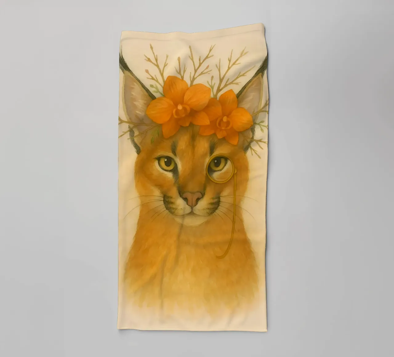 Golden Gaze: Caracal with Orchids towel by Graceful Desine