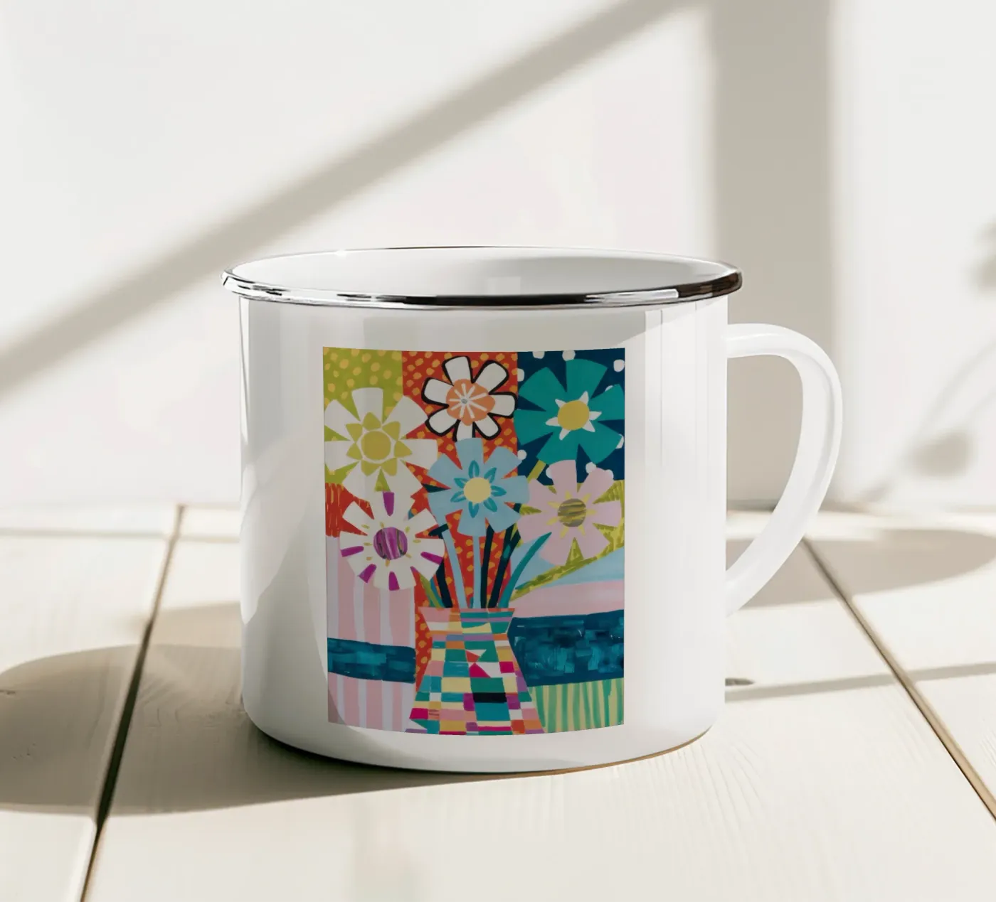 Patchwork vaasboeket emaille mok van Obs Canvas