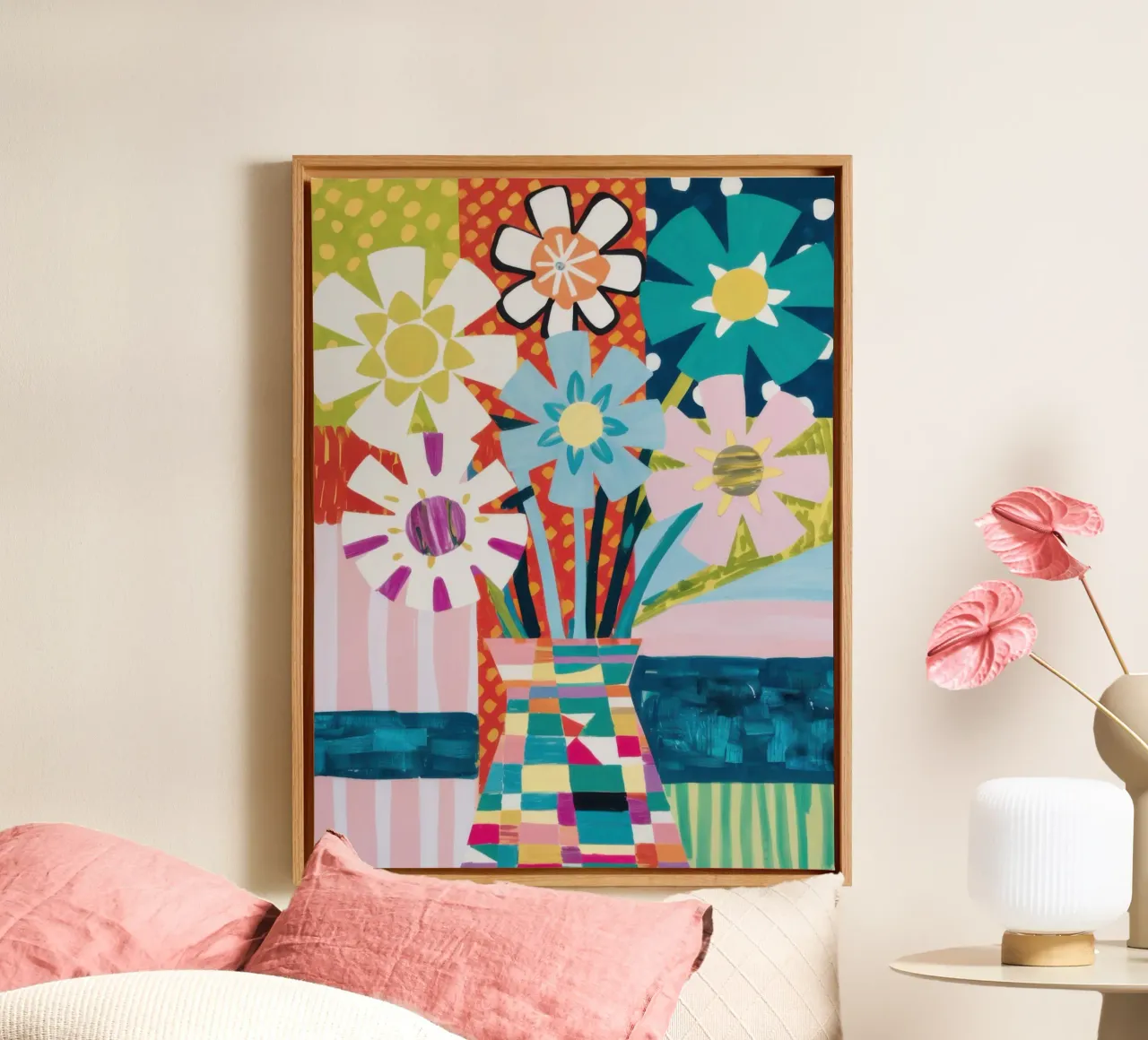 Patchwork vaasboeket canvas met Baklijst van Obs Canvas