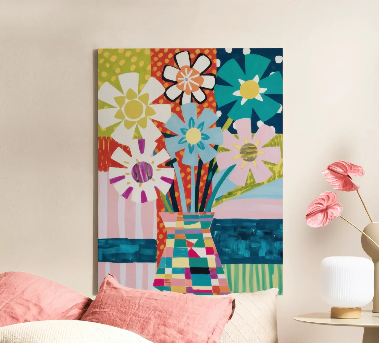 Patchwork vaasboeket canvas met Baklijst van Obs Canvas