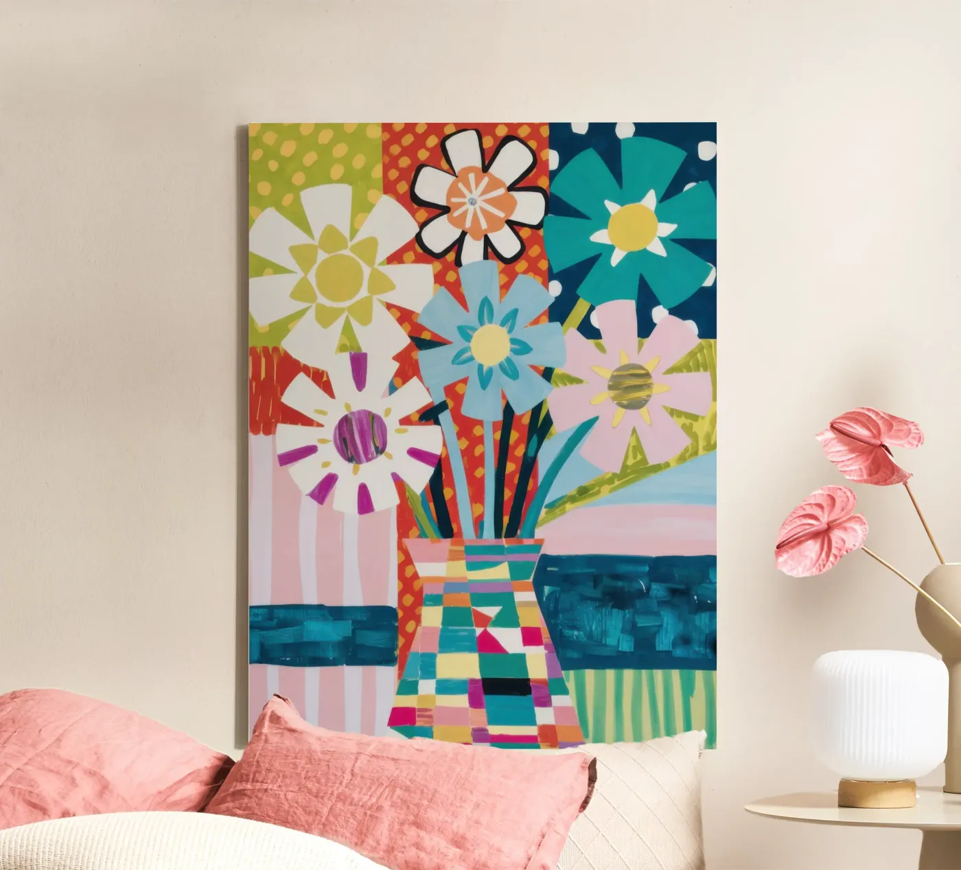 Patchwork vaasboeket canvas van Obs Canvas