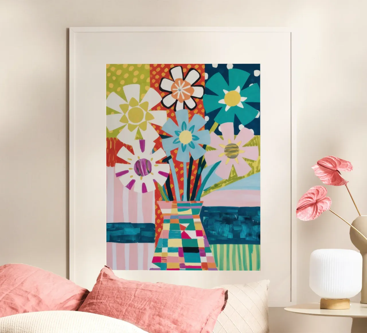 Patchwork vaasboeket poster van Obs Canvas