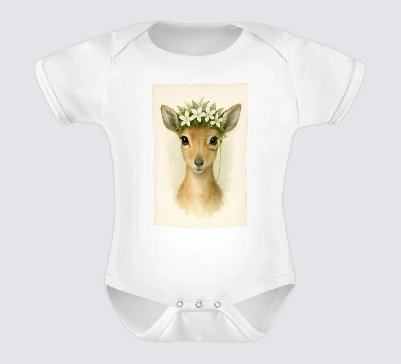 Forest Grace: Deer with Blossoms short-sleeve baby romper by Graceful Desine