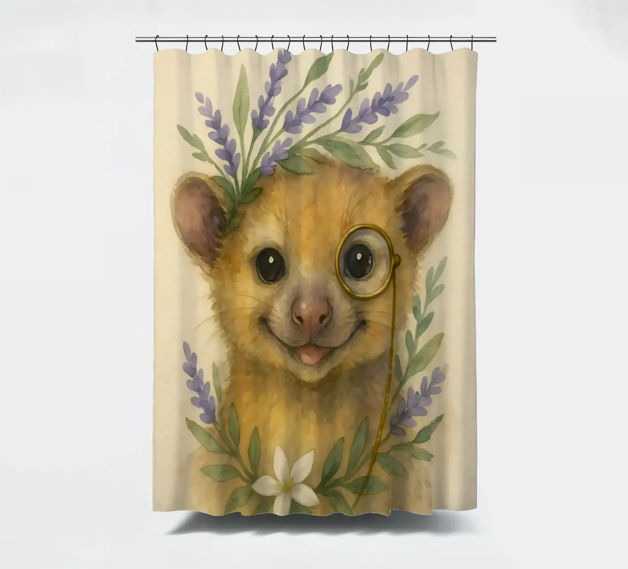Lavender Whimsy: The Smiling Kinkajou shower curtain by Graceful Desine