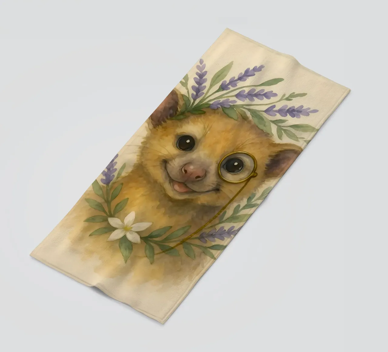 Lavender Whimsy: The Smiling Kinkajou beach towel by Graceful Desine