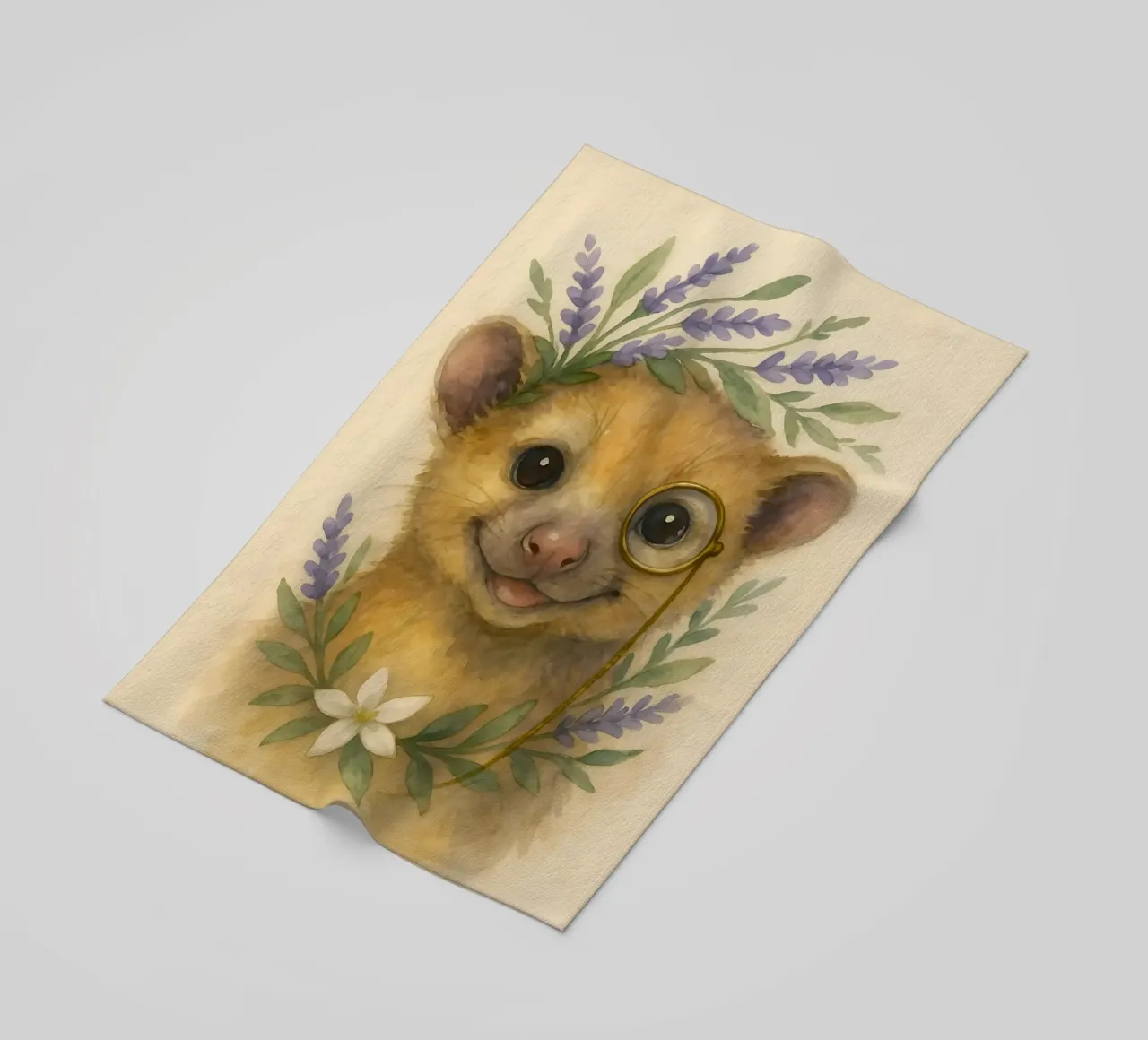Lavender Whimsy: The Smiling Kinkajou beach towel by Graceful Desine