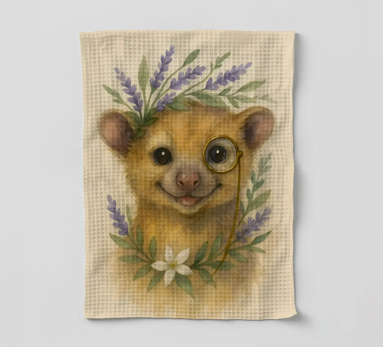 Lavender Whimsy: The Smiling Kinkajou tea towel by Graceful Desine