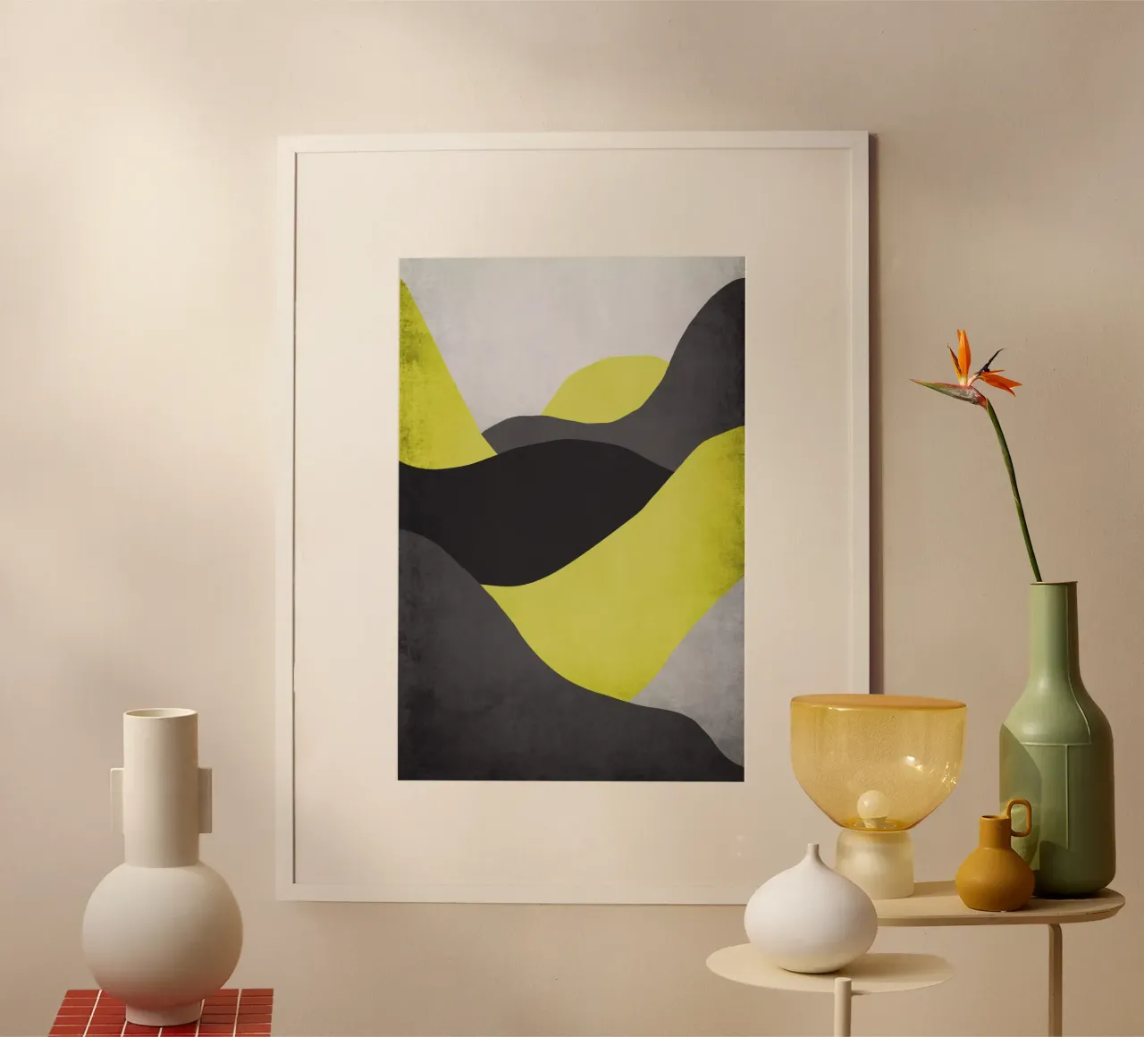 abstract yellow mountains poster with plastic frame by Mia Nissen