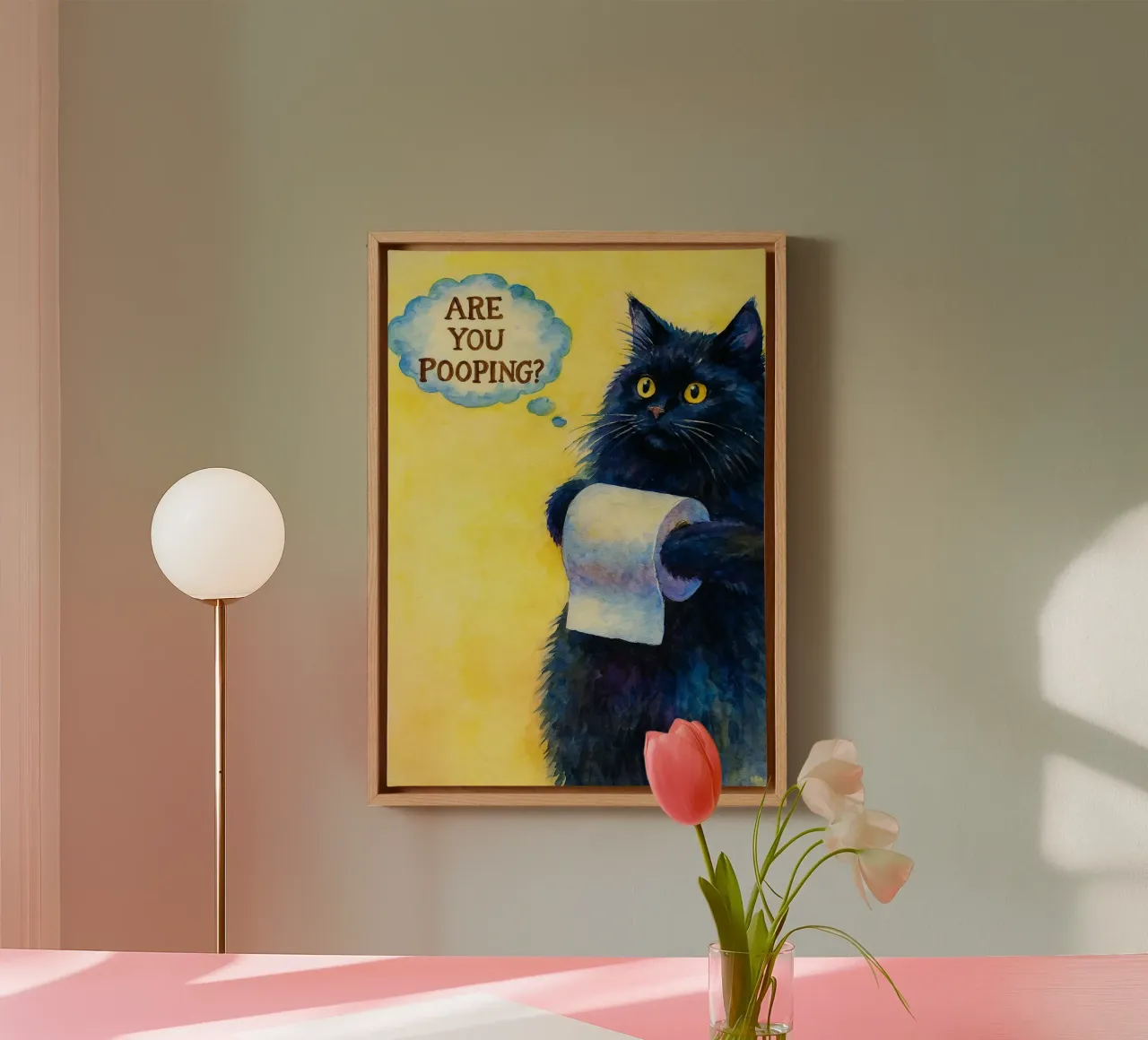 ben je aan het poepen kat schilderij canvas met Baklijst van Goldend