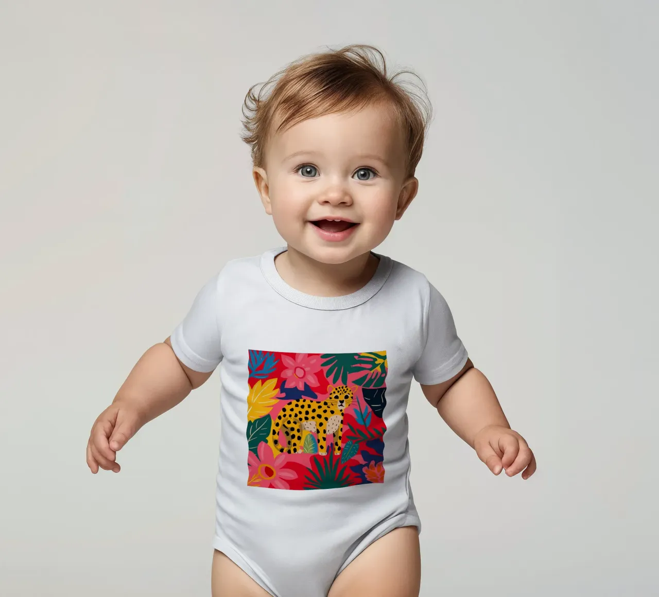 Crimson Jungle Leopard short-sleeve baby romper by Lunar Valentina