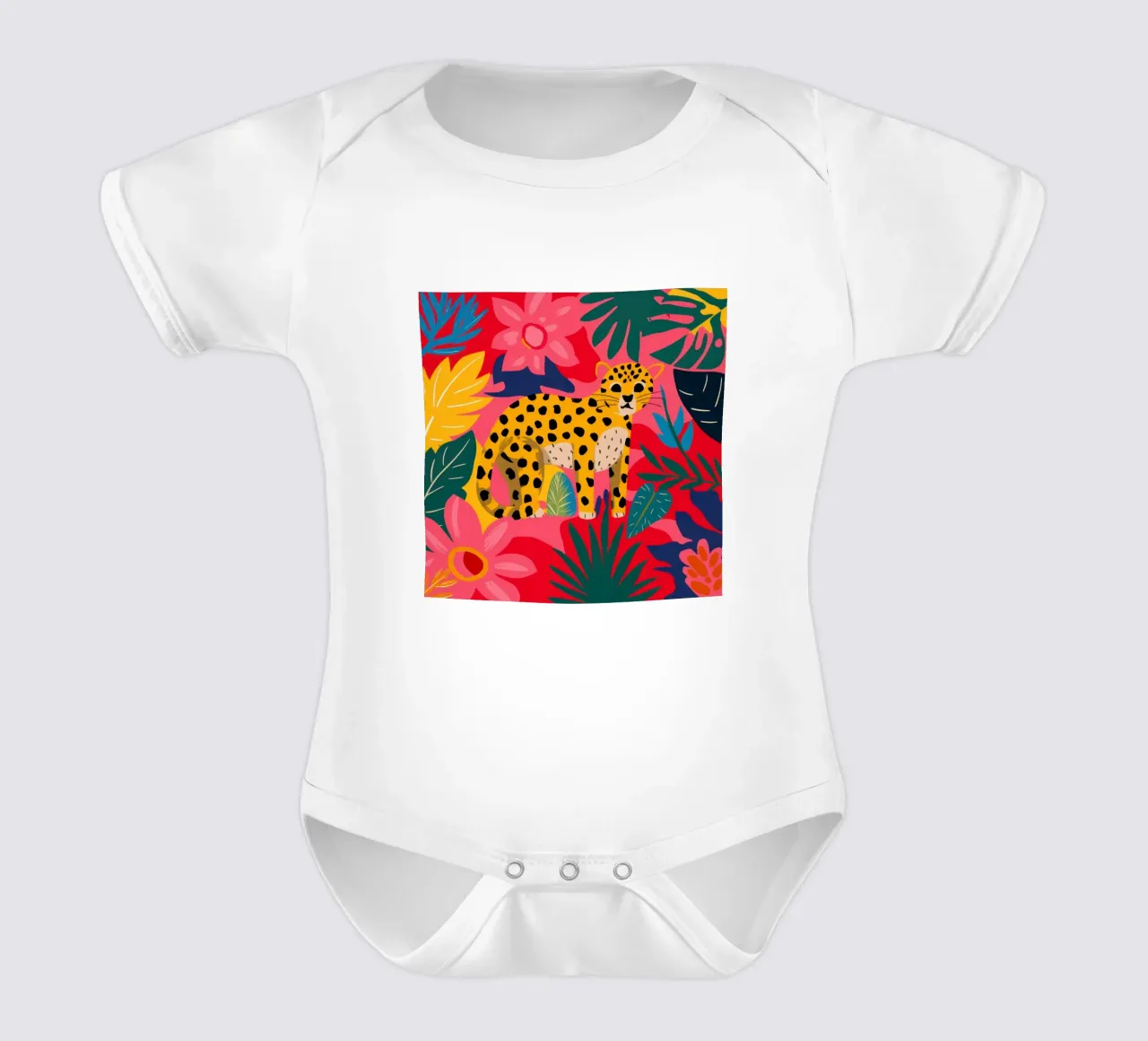 Crimson Jungle Leopard short-sleeve baby romper by Lunar Valentina