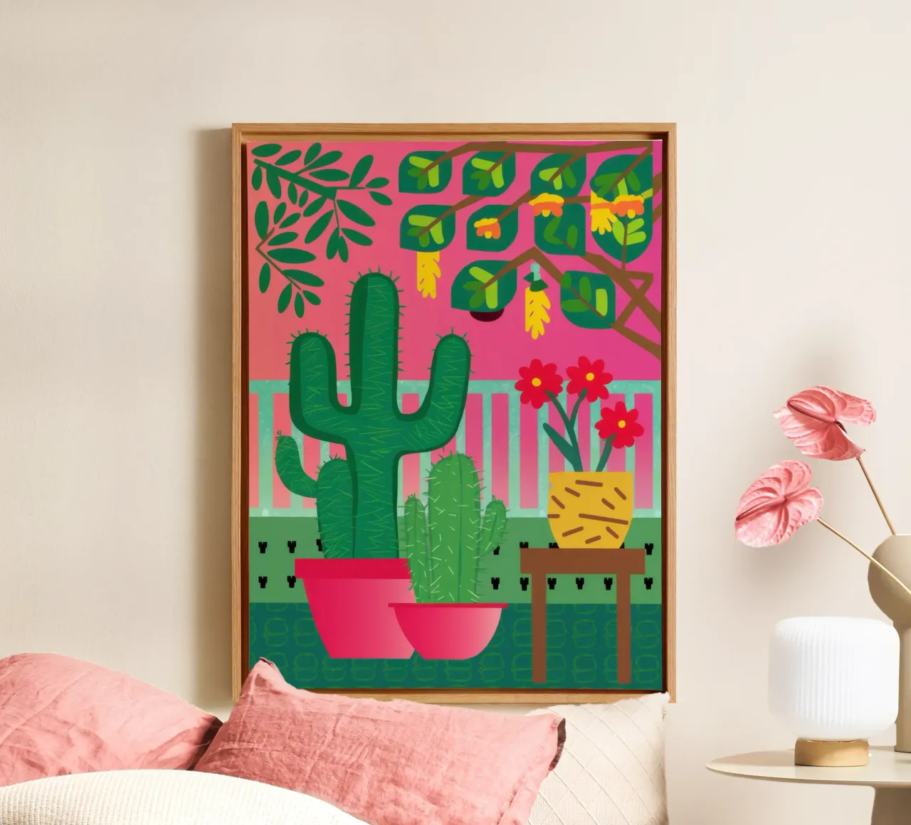 Roze cactustuin canvas met Baklijst van Lunar Valentina