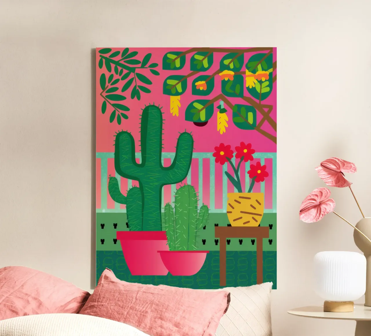 Roze cactustuin canvas met Baklijst van Lunar Valentina