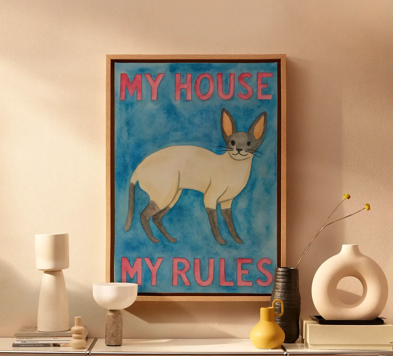 cat my house my rules painting canvas with Floater frame by Goldend